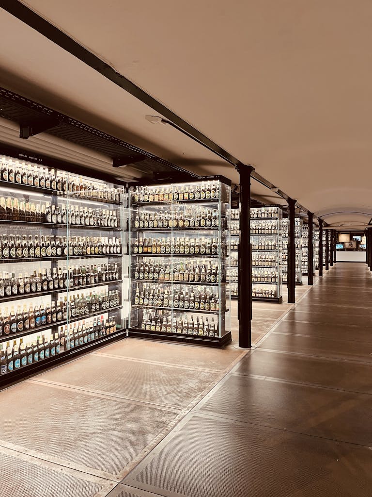 A vast collection of beer bottles showcased in a museum's illuminated display.