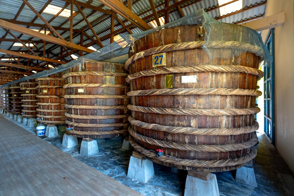 Row of massive wooden barrels in a storage facility with rustic interior.
